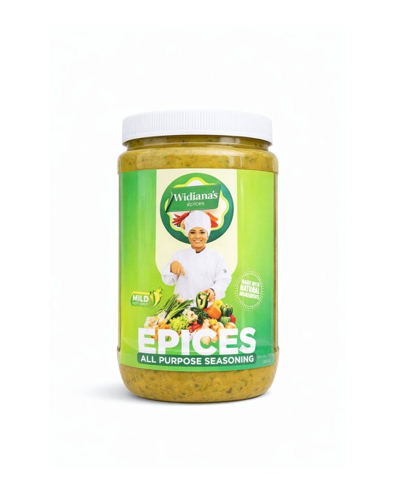 Widiana's Epices All Purpose Caribbean Seasoning 32 oz Mild bulk restaurant size wide mason jar all natural Caribbean spice paste no heat gluten free vegan no preservatives made in Indianapolis Indiana FDA registered